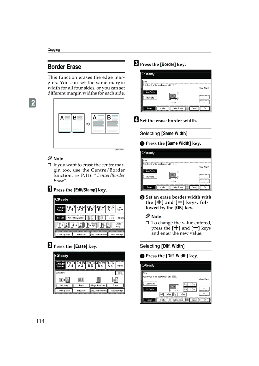 Ricoh 1045, 1035 Border Erase, Selecting Same Width, Selecting Diff. Width, 114, Press the Diff. Width key 