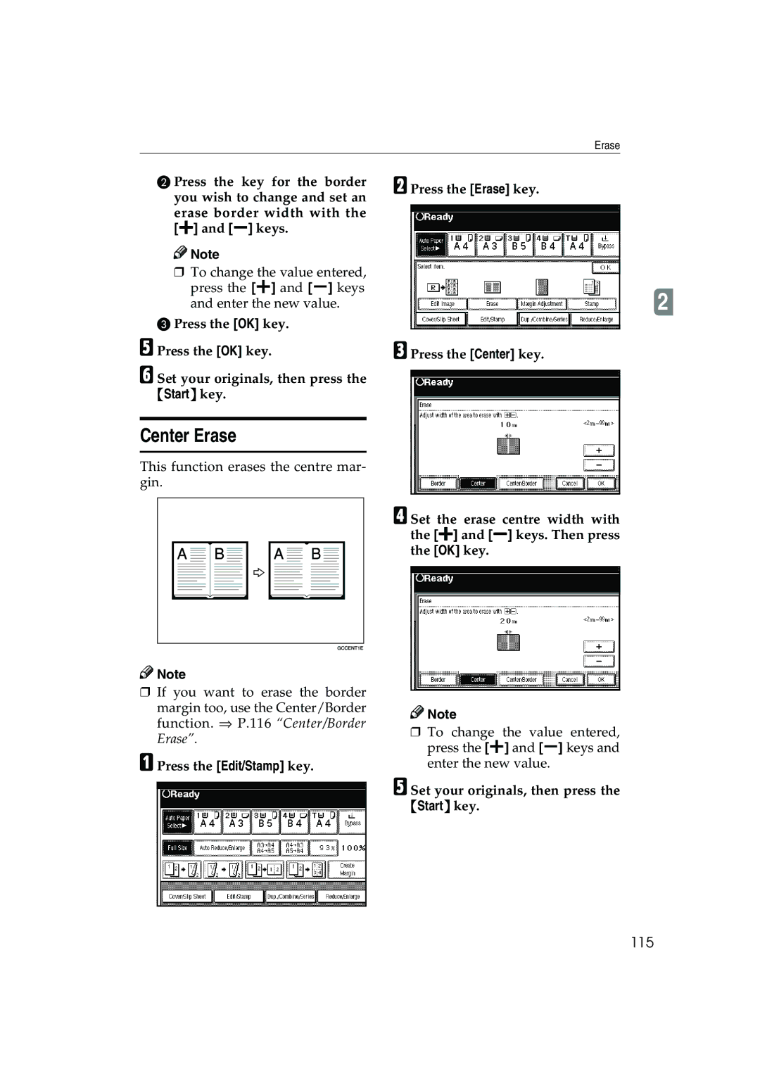 Ricoh 1035, 1045 operating instructions Center Erase, 115 