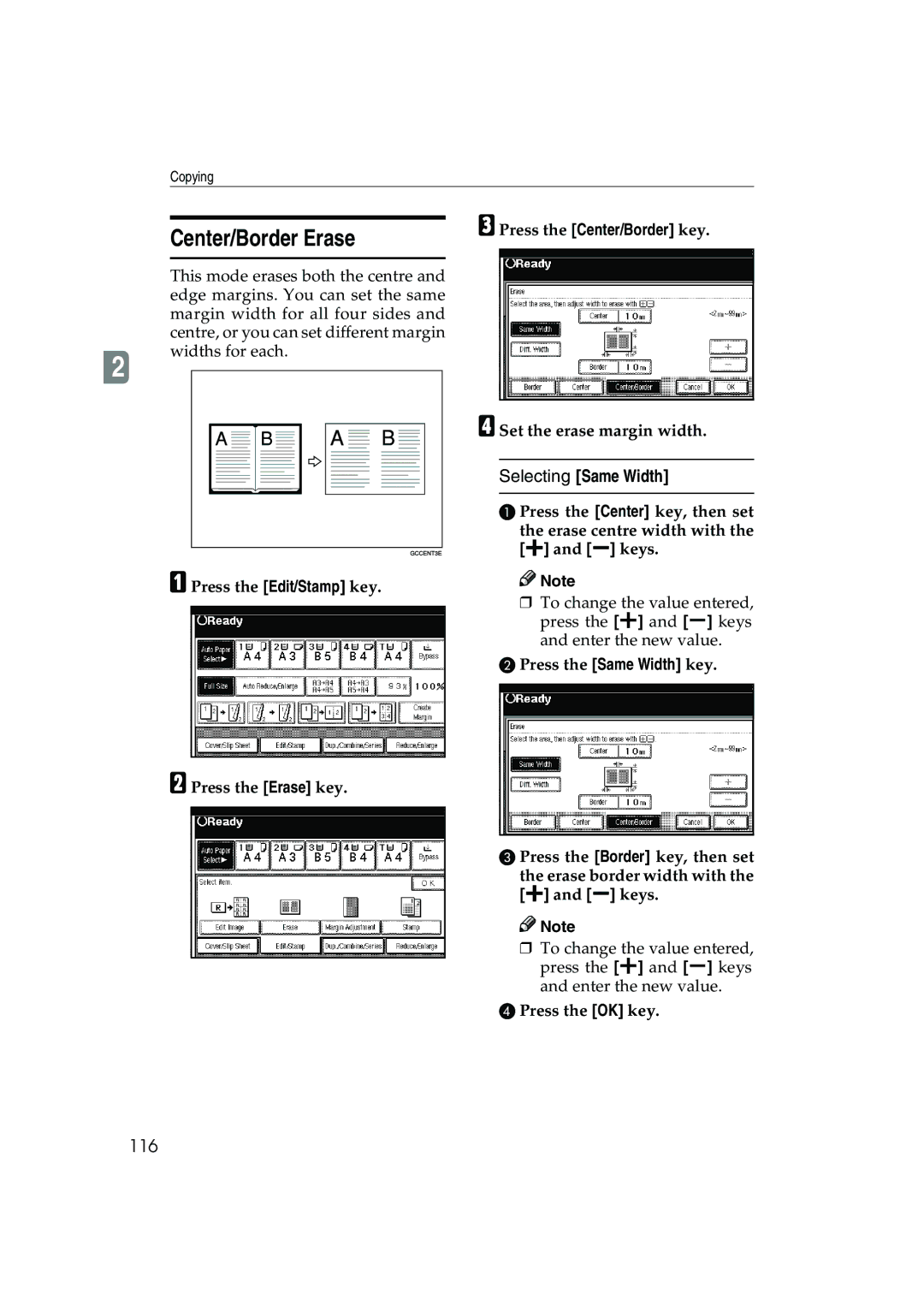 Ricoh 1045, 1035 Center/Border Erase, 116, Press the Edit/Stamp key Press the Erase key, Press the Center/Border key 