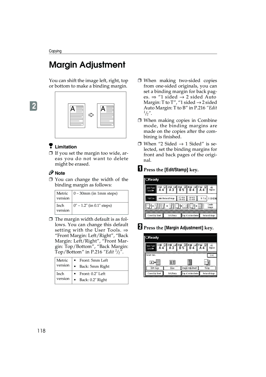 Ricoh 1045, 1035 operating instructions 118, Press the Margin Adjustment key 