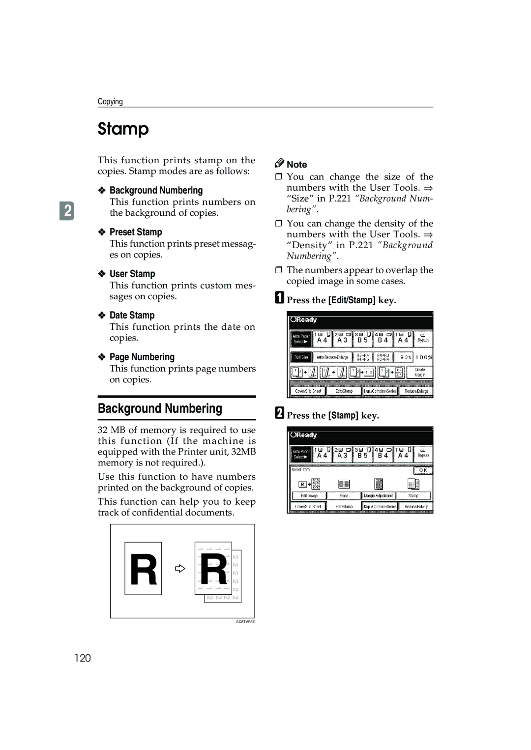 Ricoh 1045, 1035 operating instructions Stamp, Background Numbering 