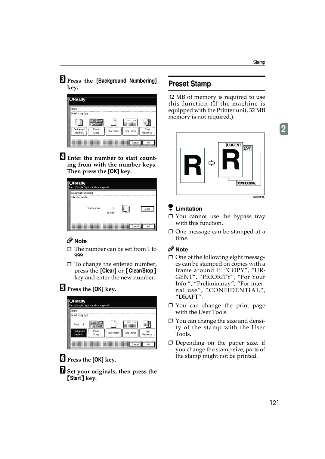 Ricoh 1035, 1045 operating instructions Preset Stamp, 121, Press the Background Numbering, Key 