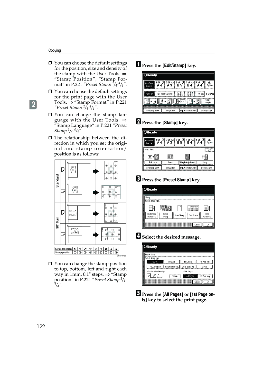 Ricoh 1045, 1035 122, Press the Edit/Stamp key Press the Stamp key, Press the Preset Stamp key, Select the desired message 