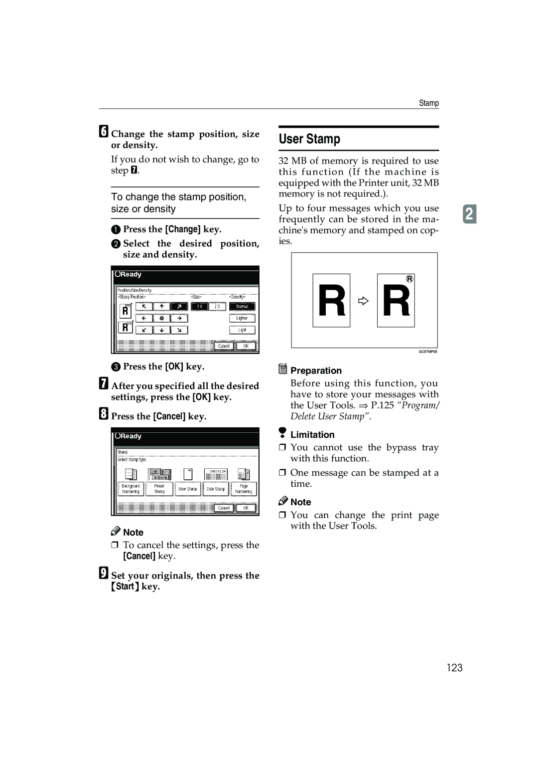 Ricoh 1035 User Stamp, To change the stamp position, size or density, 123, Change the stamp position, size or density 