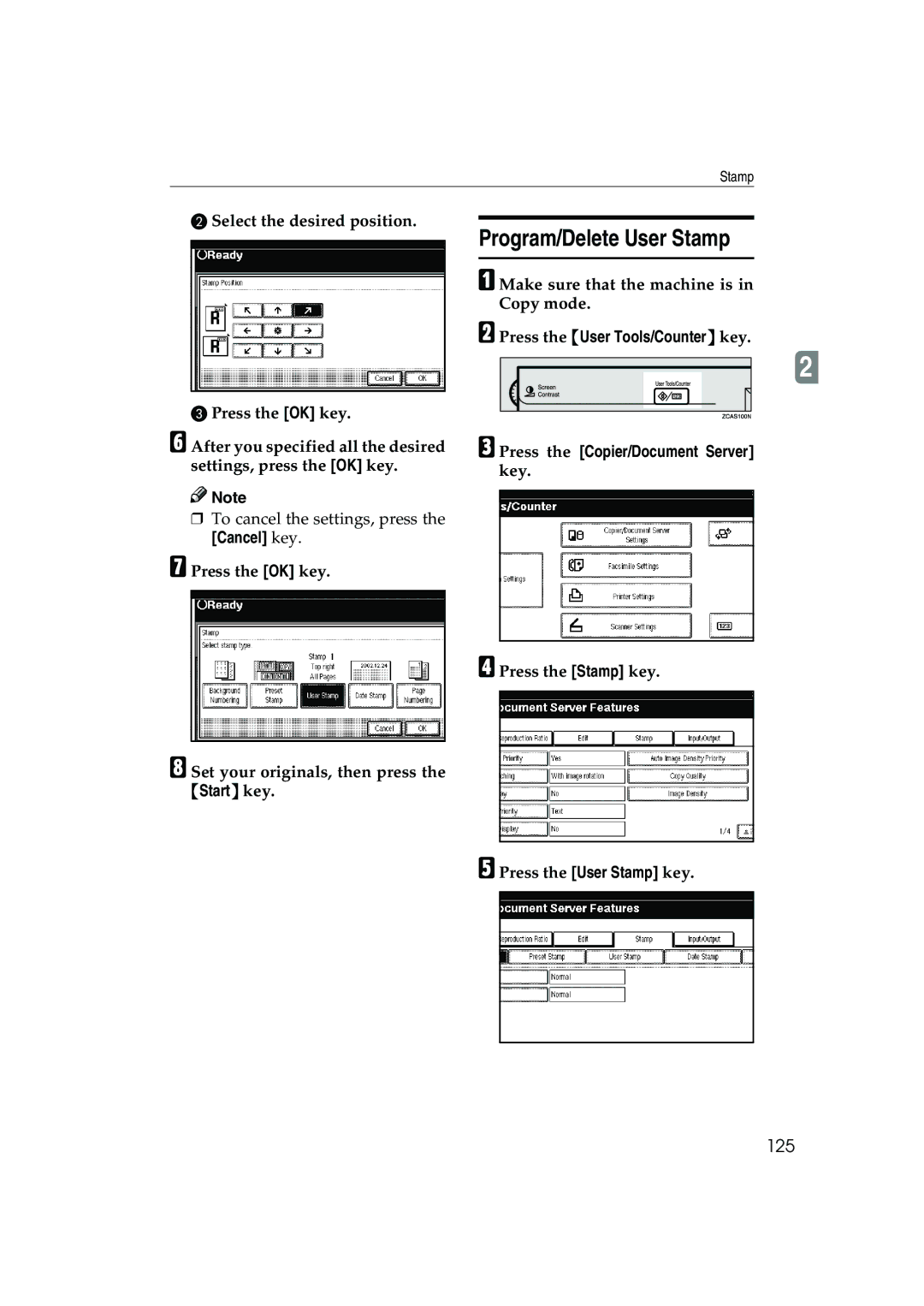 Ricoh 1035, 1045 operating instructions Program/Delete User Stamp, 125 