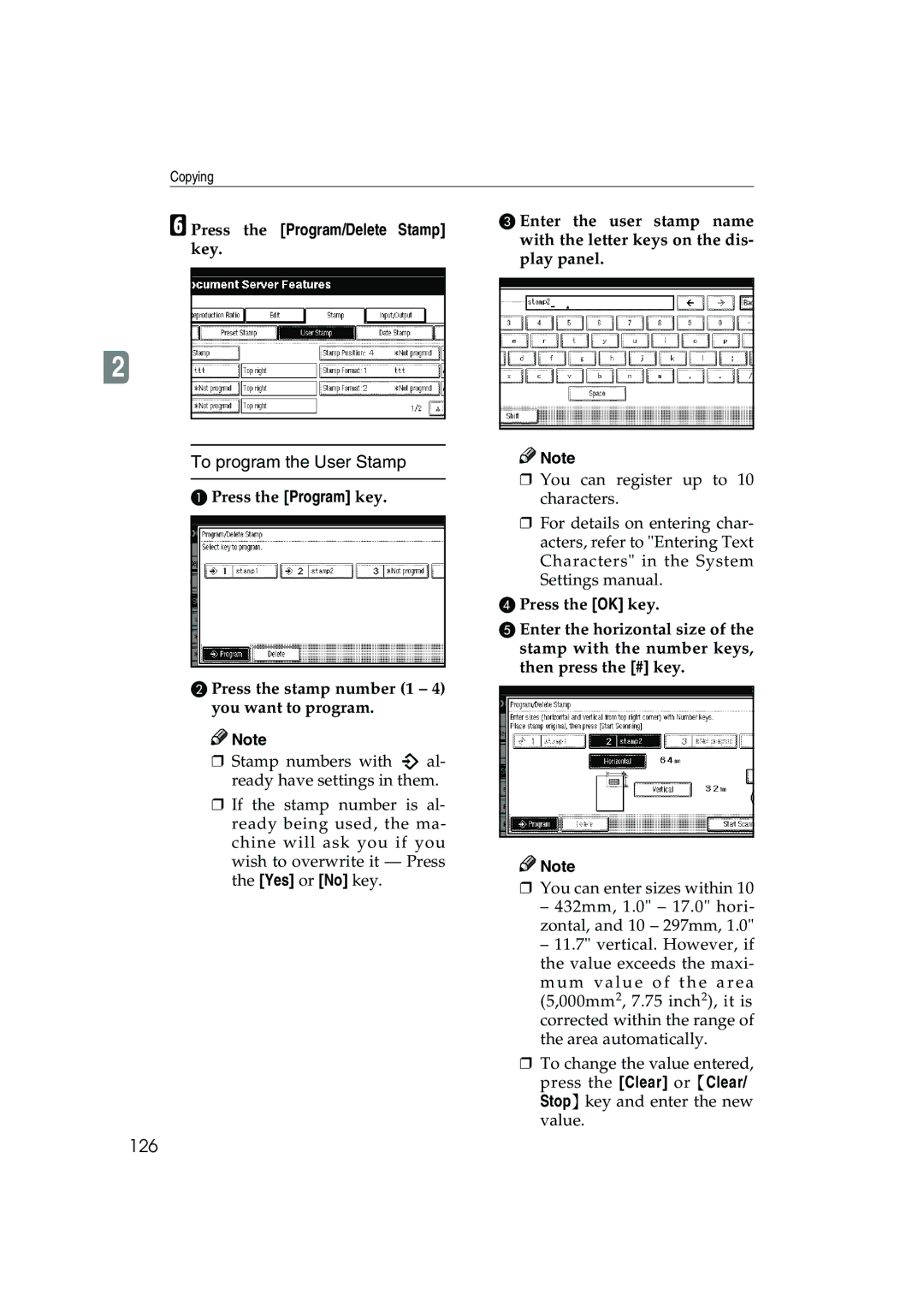 Ricoh 1045, 1035 To program the User Stamp, 126, Press the Program/Delete Stamp, Enter the user stamp name 