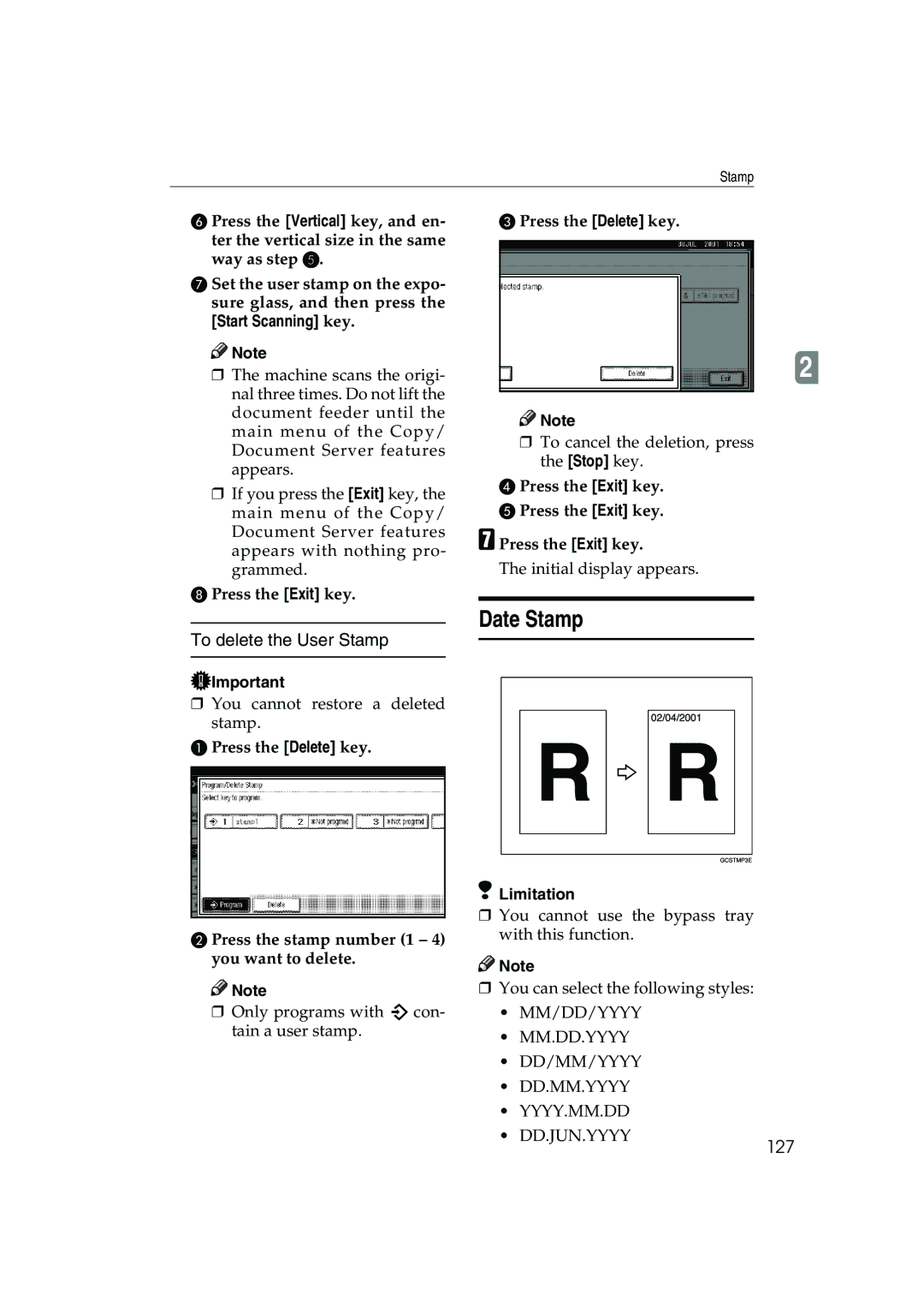 Ricoh 1035, 1045 operating instructions Date Stamp, To delete the User Stamp, 127, Start Scanning key, Press the Exit key 