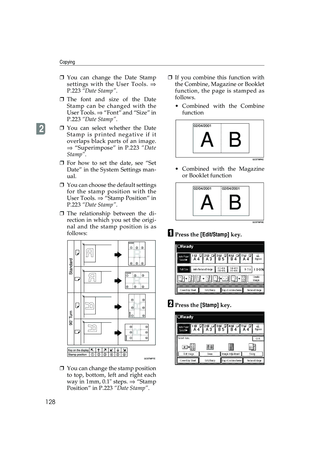 Ricoh 1045, 1035 operating instructions 128, Press the Edit/Stamp key Press the Stamp key 