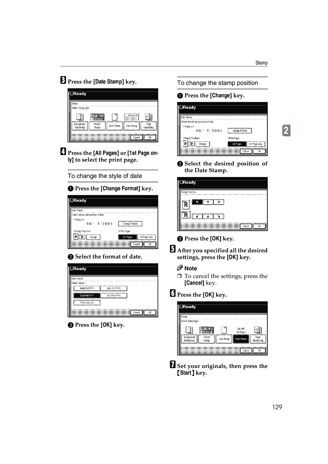 Ricoh 1035, 1045 To change the style of date, 129, Press the All Pages or 1st Page on- ly to select the print 