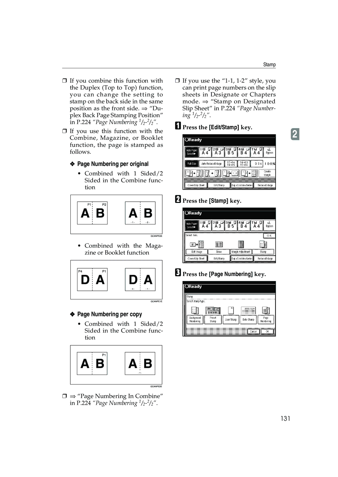 Ricoh 1035, 1045 operating instructions Numbering per original, Numbering per copy, 131, Press the Page Numbering key 