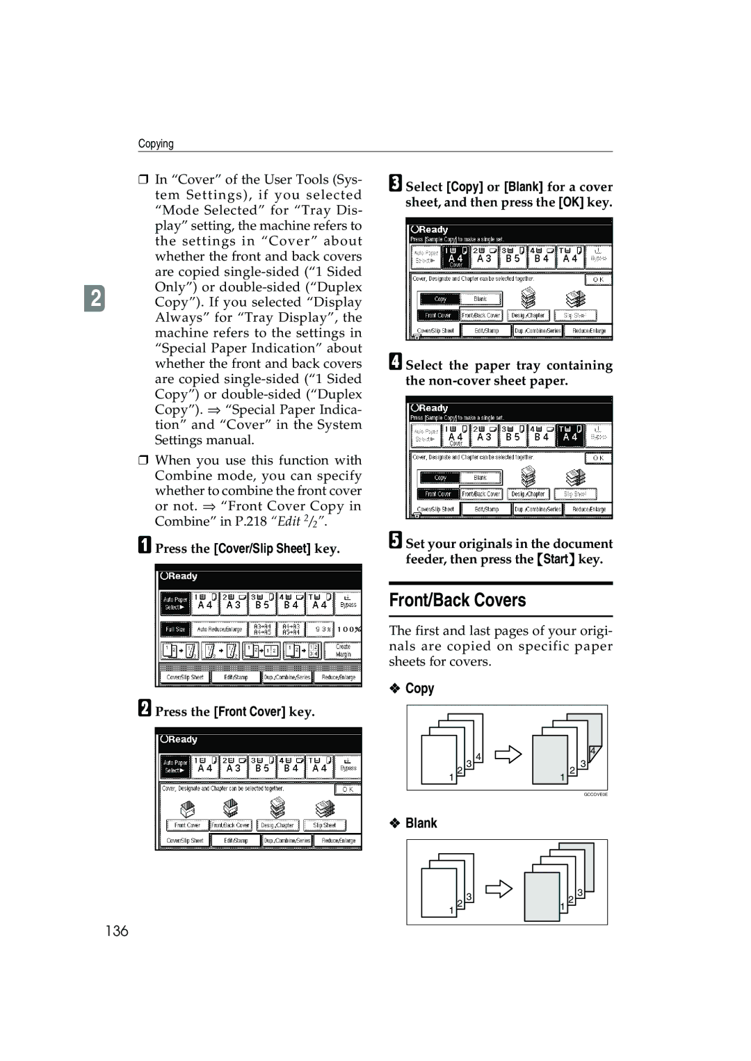 Ricoh 1045, 1035 operating instructions Front/Back Covers, Copy, 136, Press the Cover/Slip Sheet key 