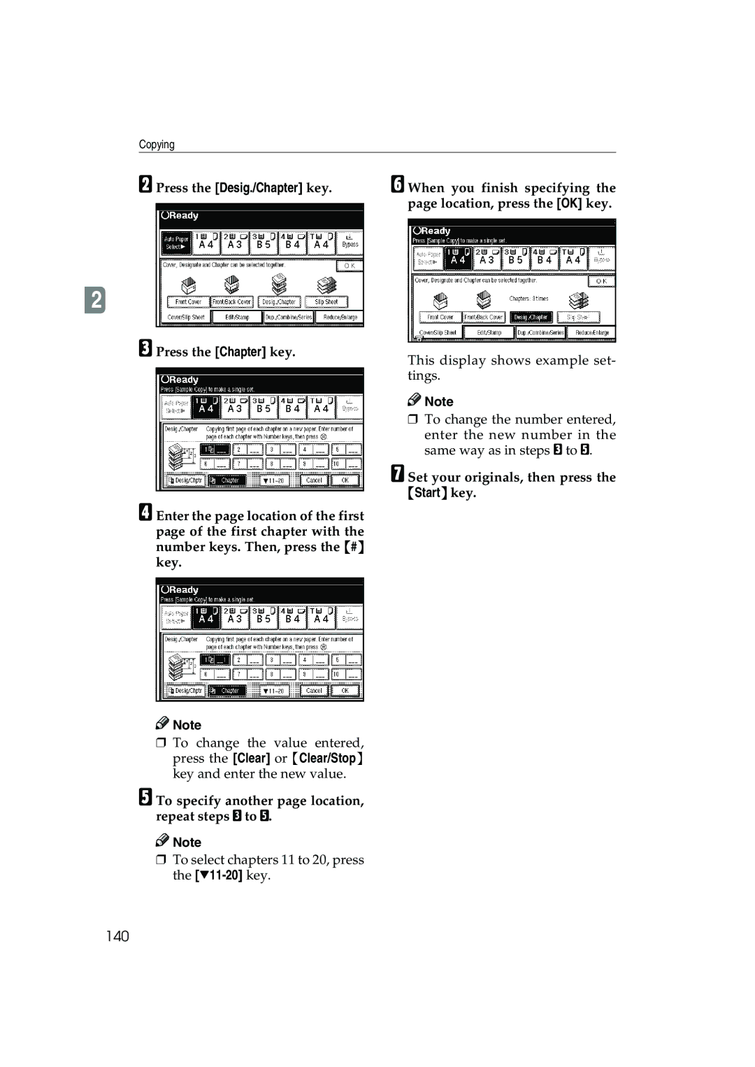 Ricoh 1045, 1035 operating instructions 140, Press the Desig./Chapter key 