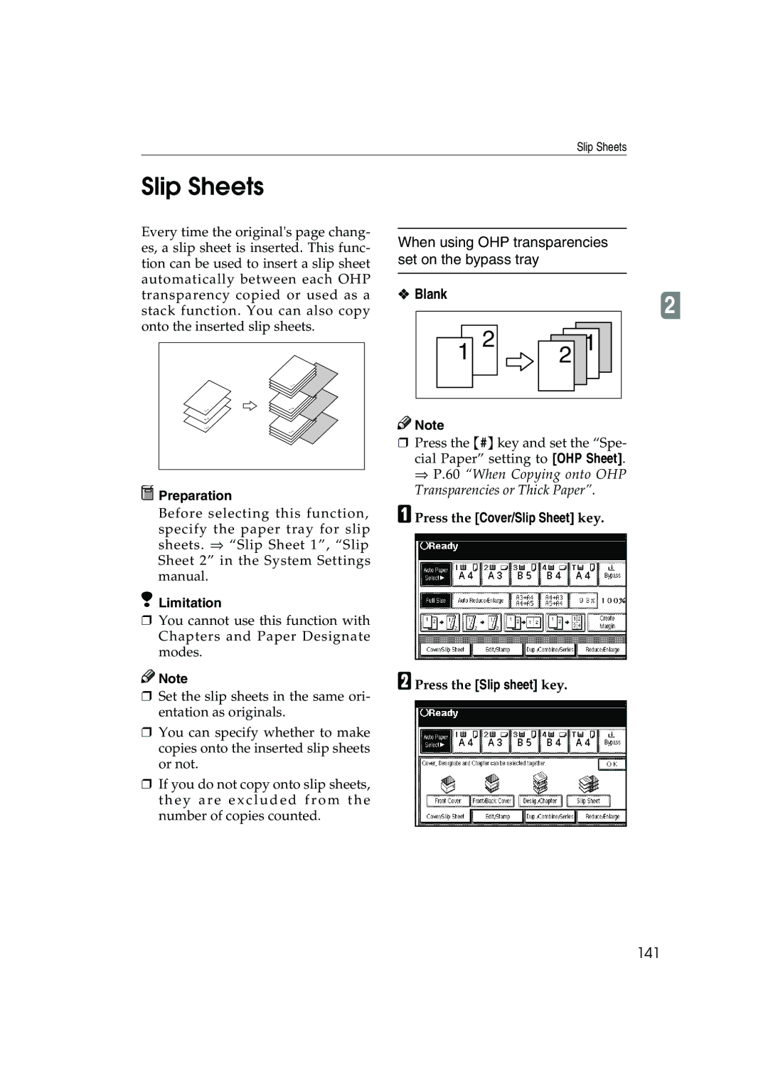 Ricoh 1035, 1045 Slip Sheets, When using OHP transparencies set on the bypass tray, 141, Press the Slip sheet key 