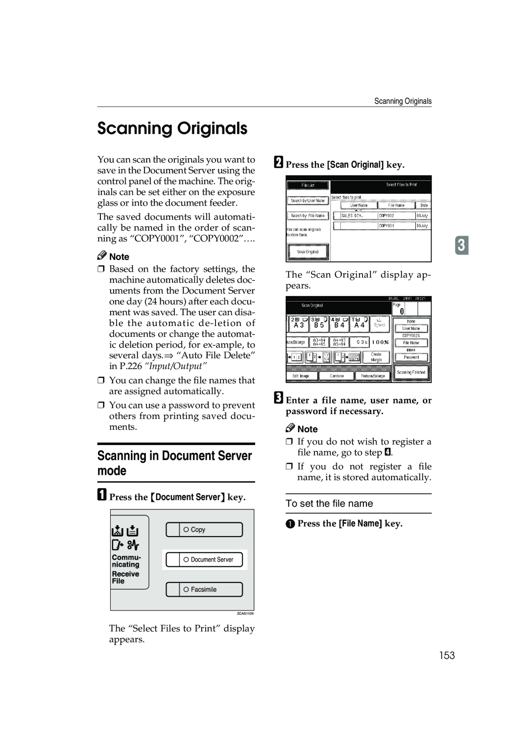 Ricoh 1035, 1045 operating instructions Scanning Originals, Scanning in Document Server mode, To set the file name, 153 