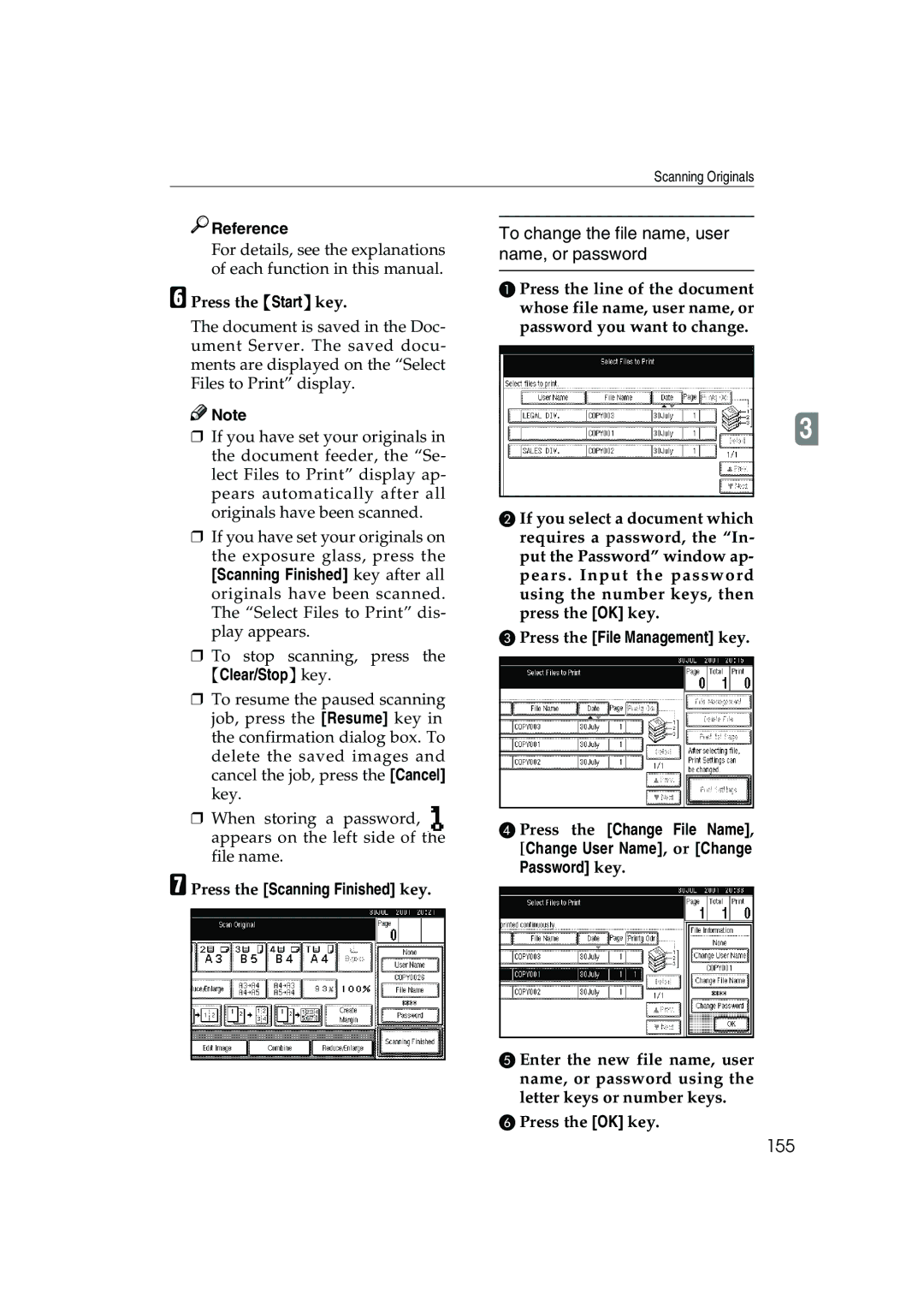 Ricoh 1035, 1045 To change the file name, user name, or password, 155, Press the Scanning Finished key 