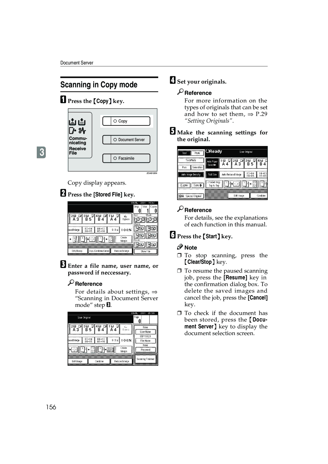 Ricoh 1045 Scanning in Copy mode, 156, Press the Copy key Set your originals, Make the scanning settings for the original 