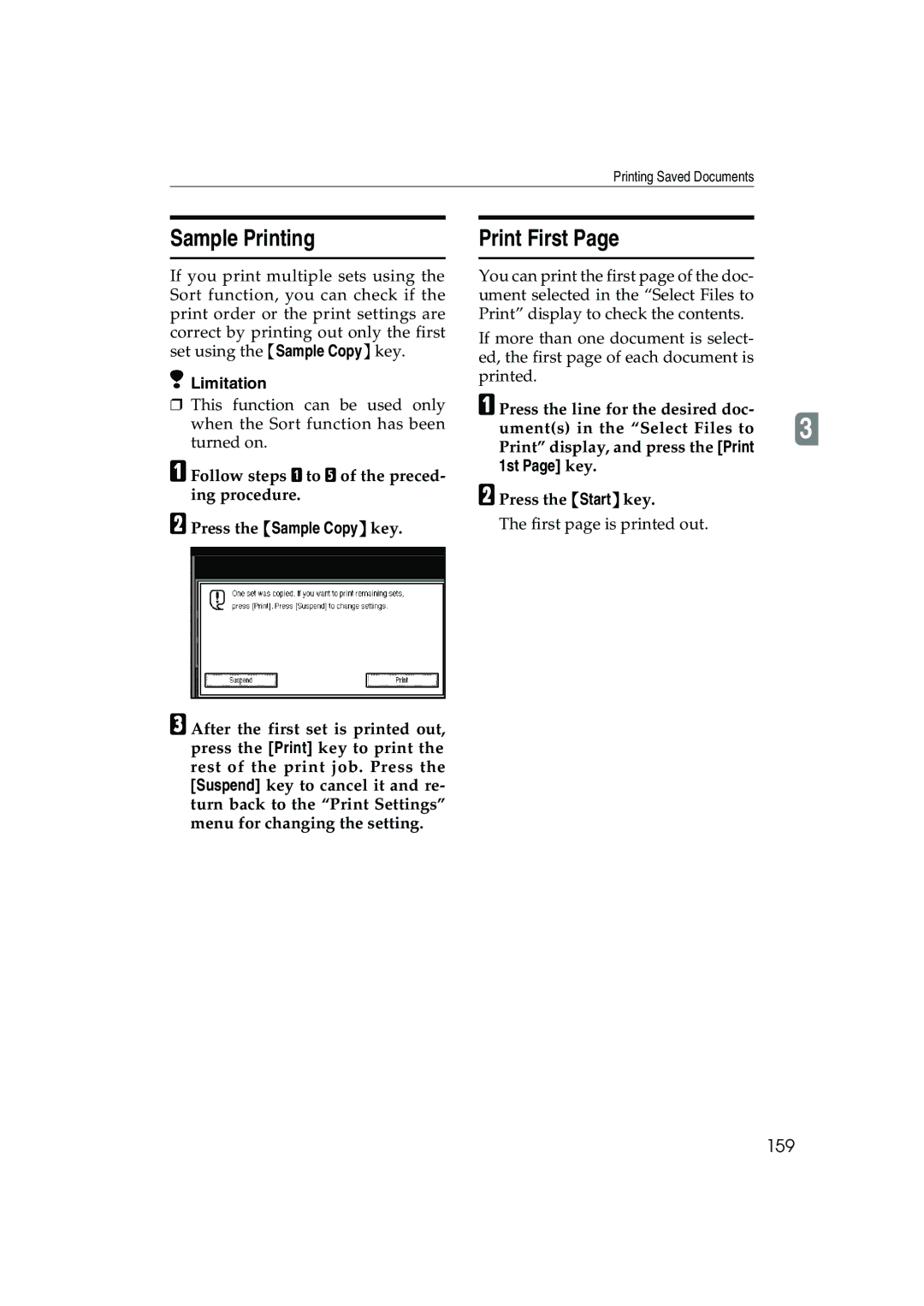 Ricoh 1035, 1045 operating instructions Sample Printing, Print First, 159, 1st Page key 