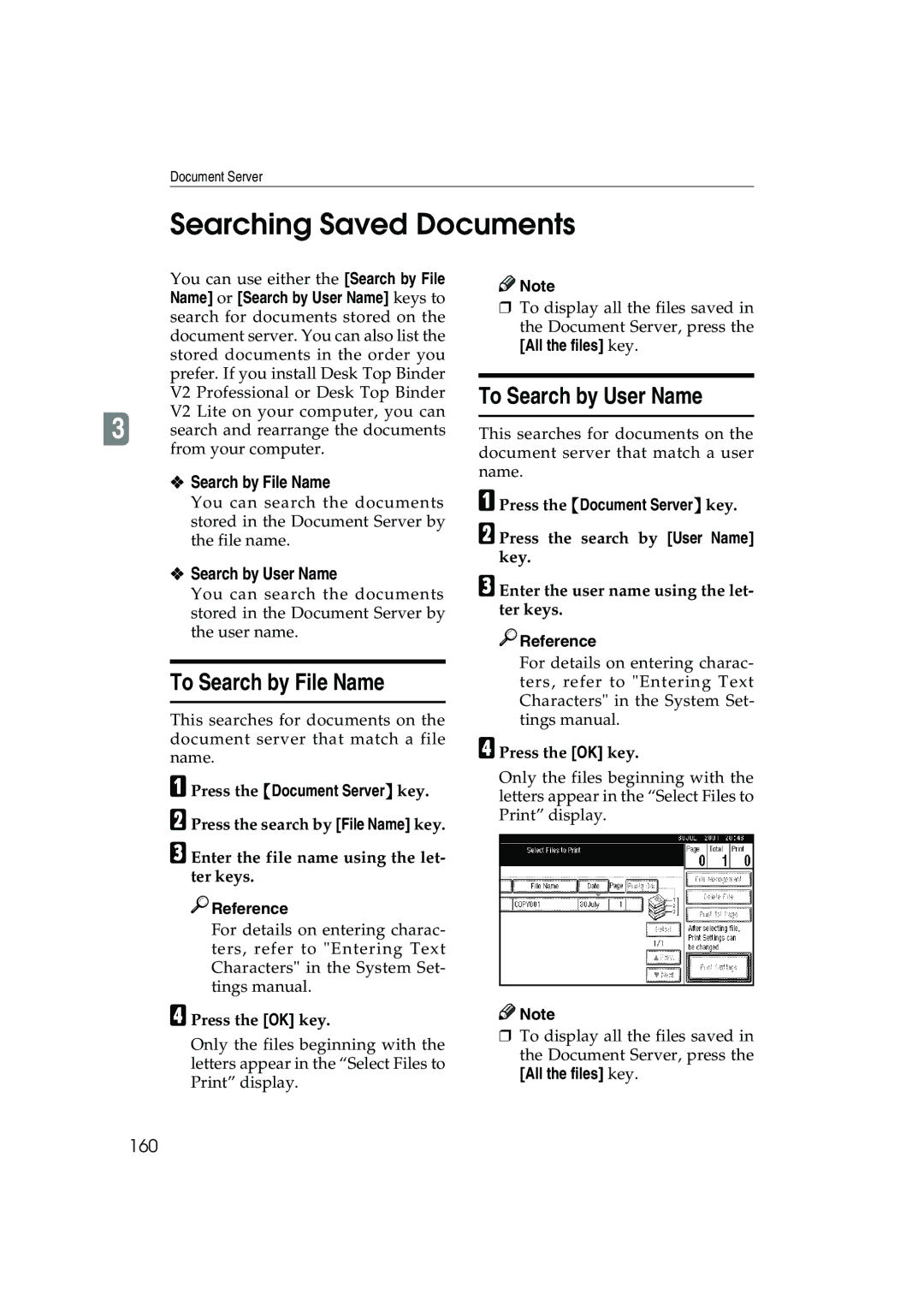 Ricoh 1045, 1035 operating instructions Searching Saved Documents, To Search by File Name, To Search by User Name 