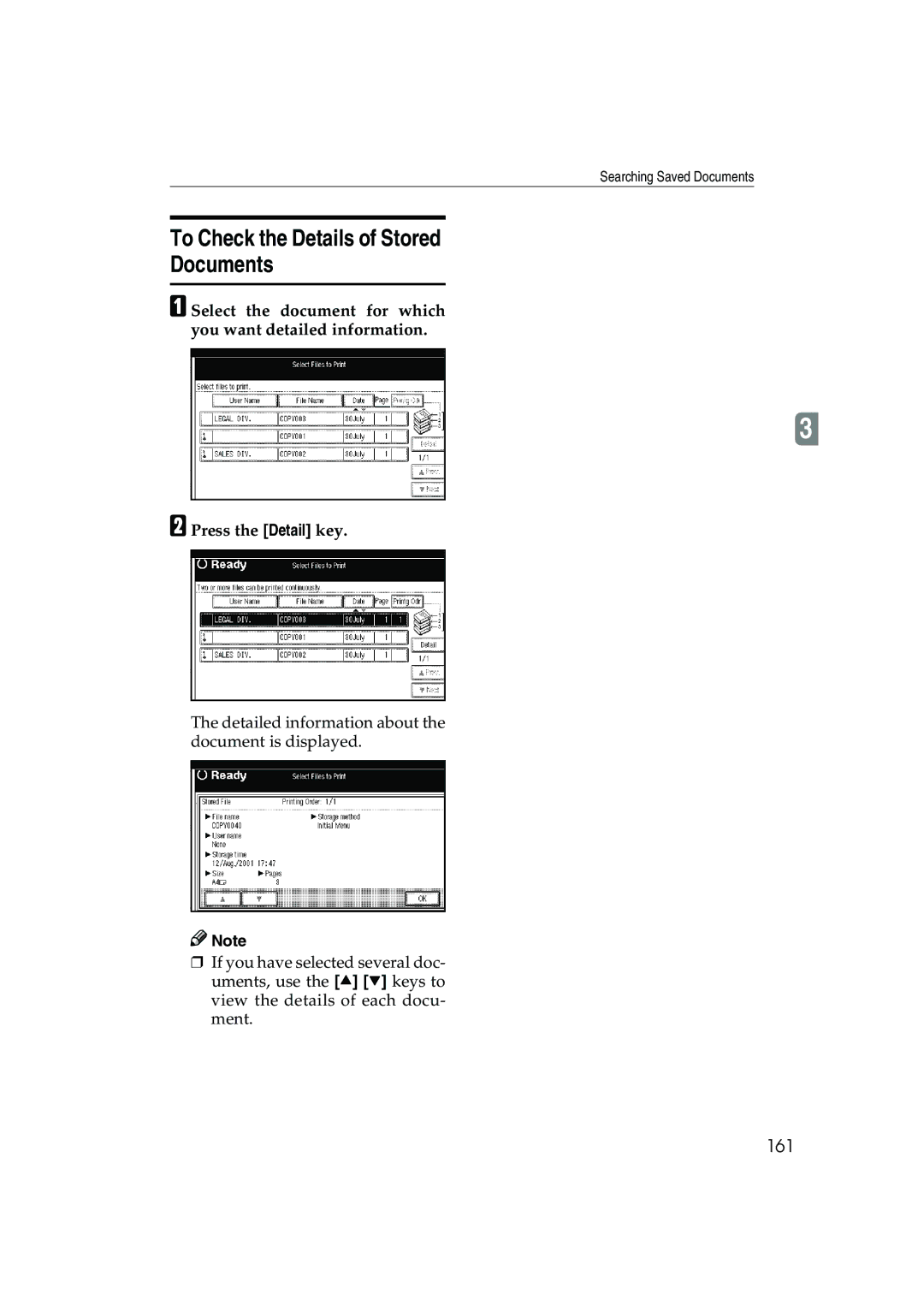 Ricoh 1035, 1045 operating instructions To Check the Details of Stored Documents, 161 