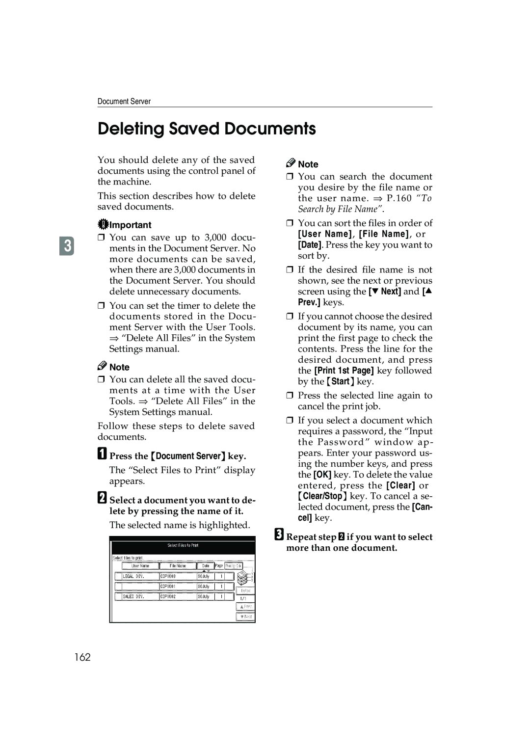 Ricoh 1045, 1035 Deleting Saved Documents, 162, Repeat step B if you want to select more than one document 