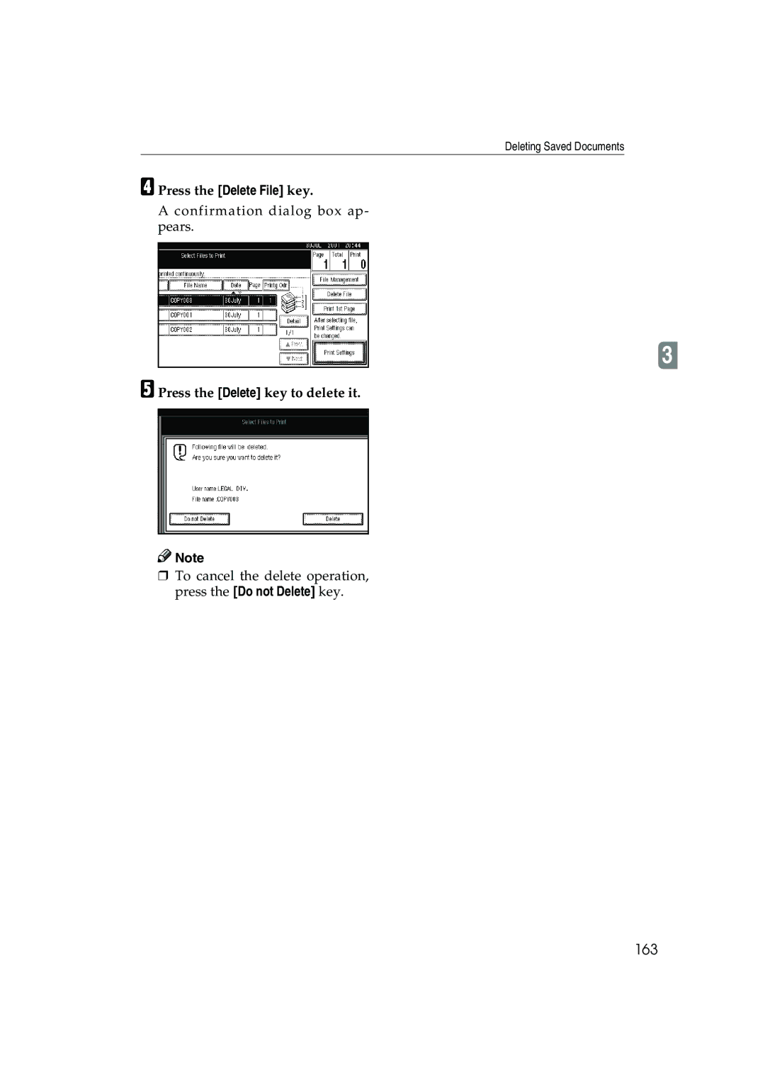 Ricoh 1035, 1045 operating instructions 163, Press the Delete File key, Press the Delete key to delete it 