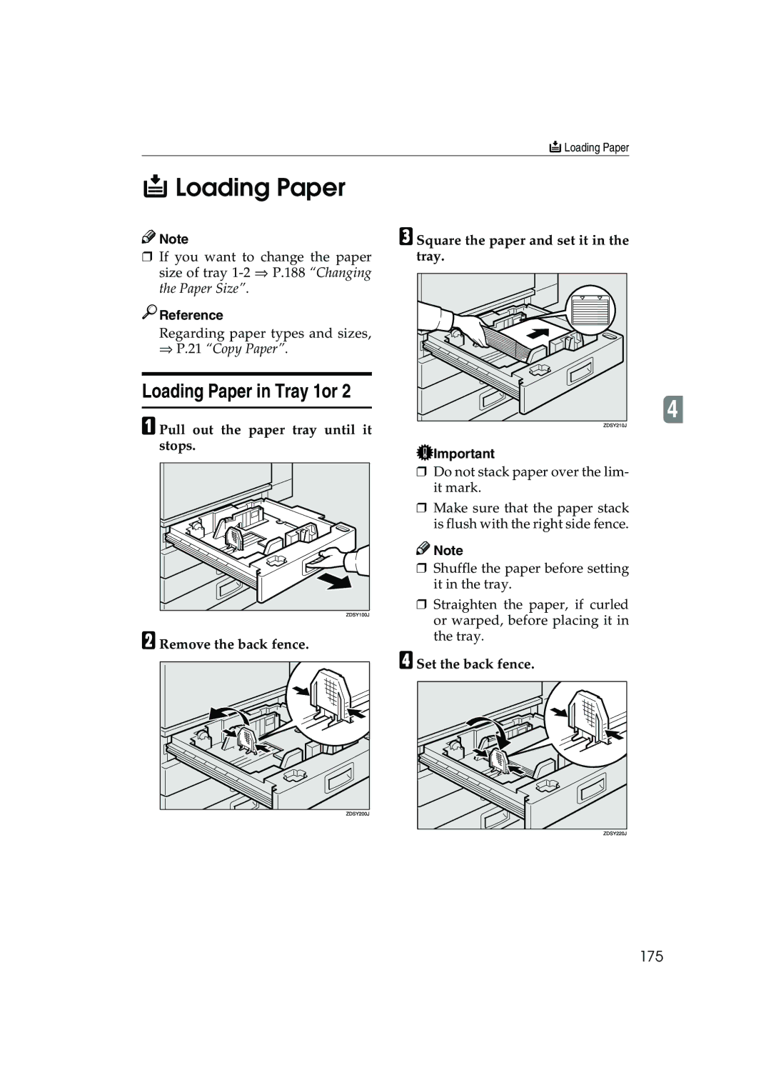 Ricoh 1035, 1045 operating instructions Loading Paper in Tray 1or, 175 