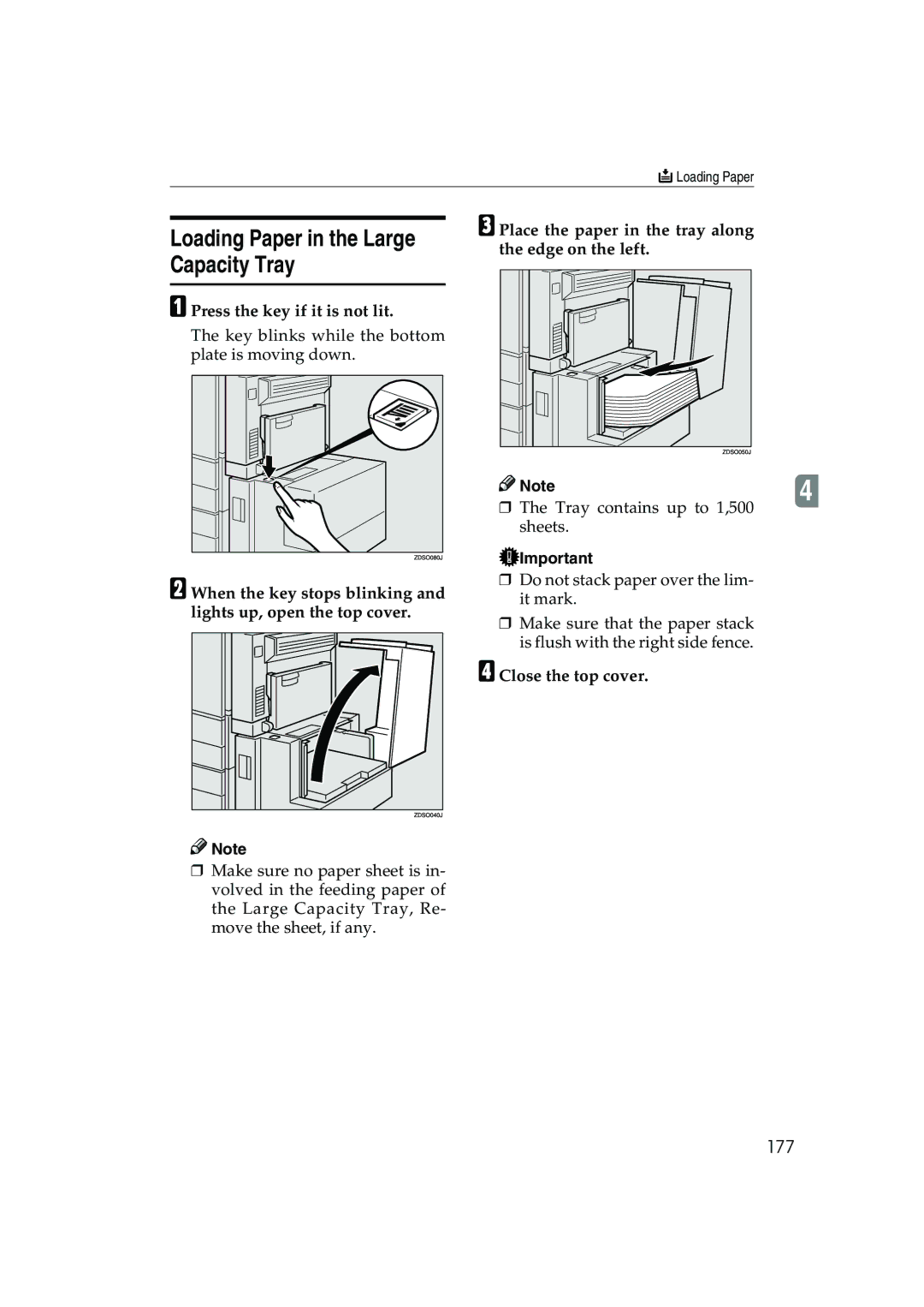 Ricoh 1035, 1045 Loading Paper in the Large Capacity Tray, 177, Press the key if it is not lit, Close the top cover 