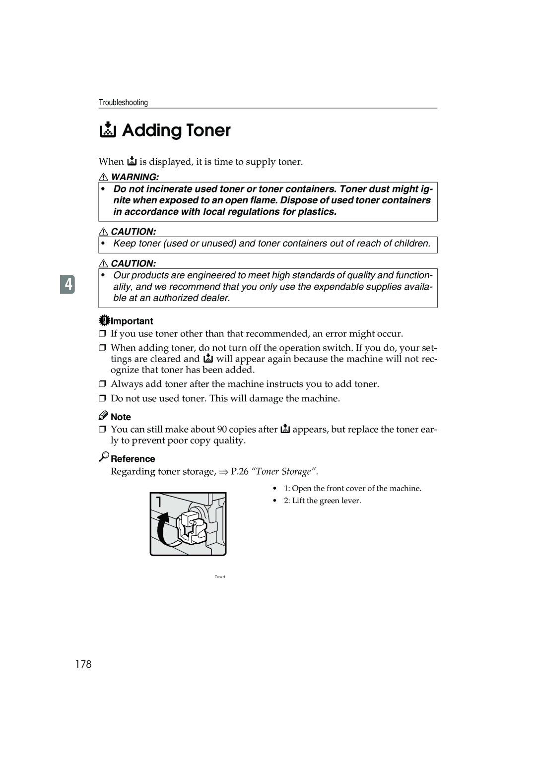 Ricoh 1045, 1035 operating instructions Adding Toner, 178 