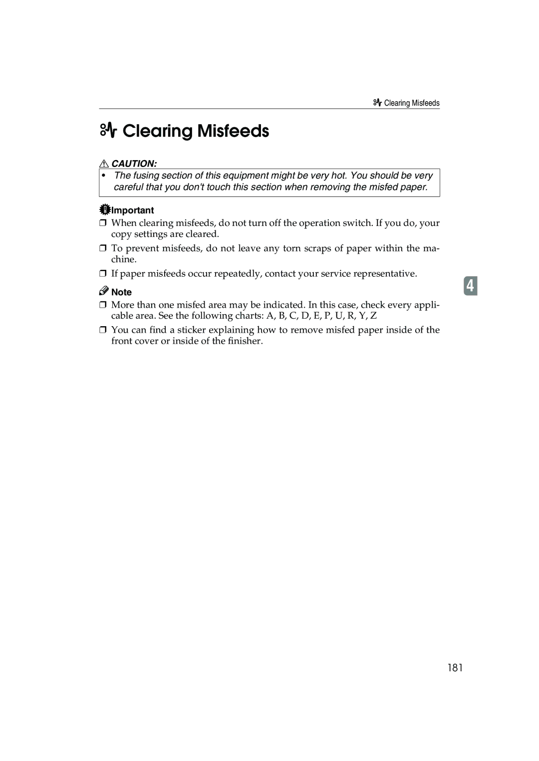 Ricoh 1035, 1045 operating instructions Clearing Misfeeds, 181 