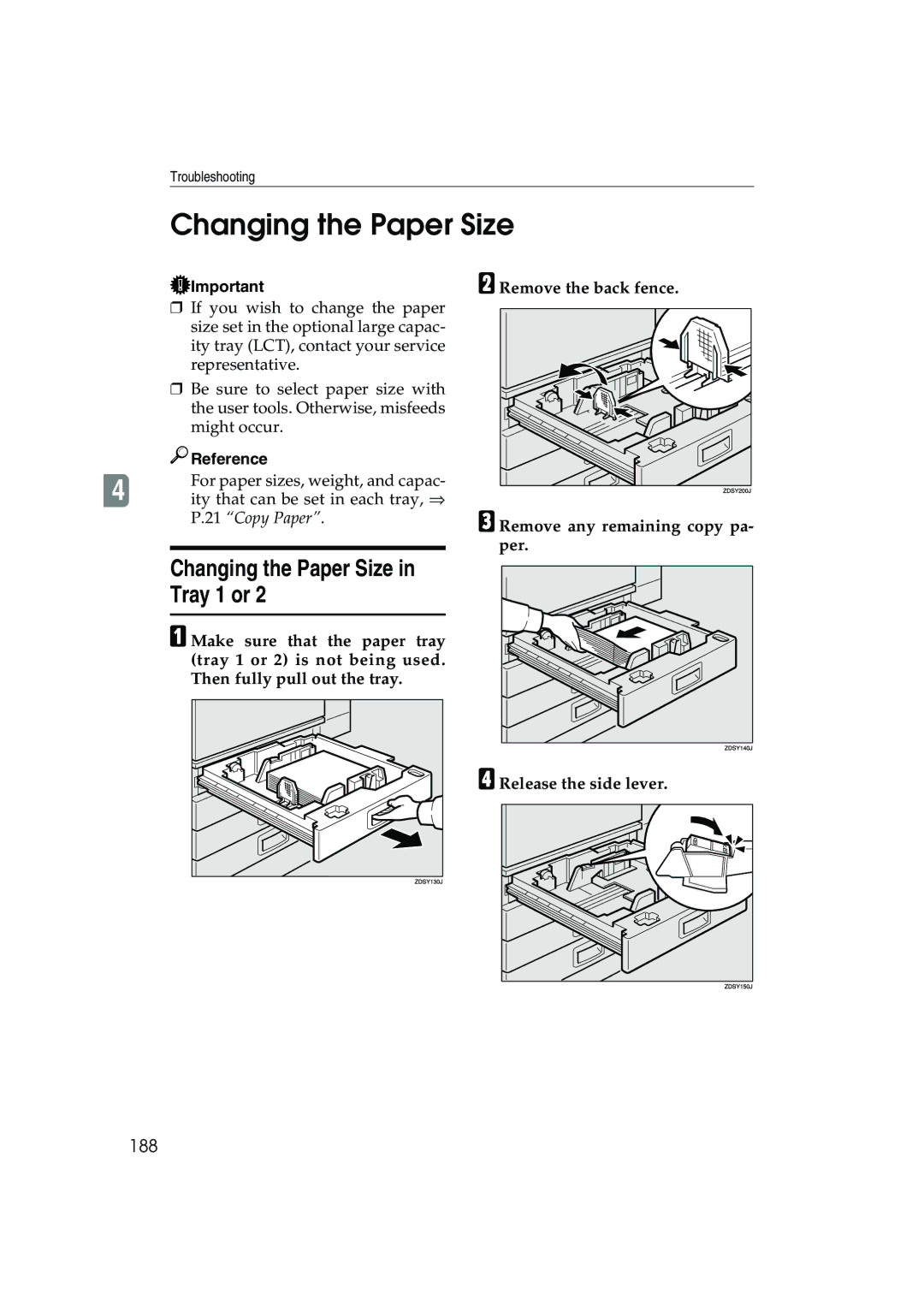 Ricoh 1045, 1035 Changing the Paper Size Tray 1 or, 188, Remove the back fence Remove any remaining copy pa- per 