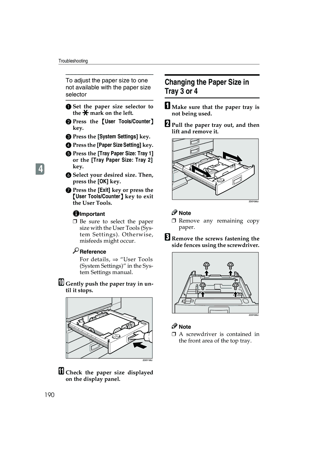 Ricoh 1045, 1035 operating instructions Changing the Paper Size in Tray 3 or, 190, Press the User Tools/Counter 