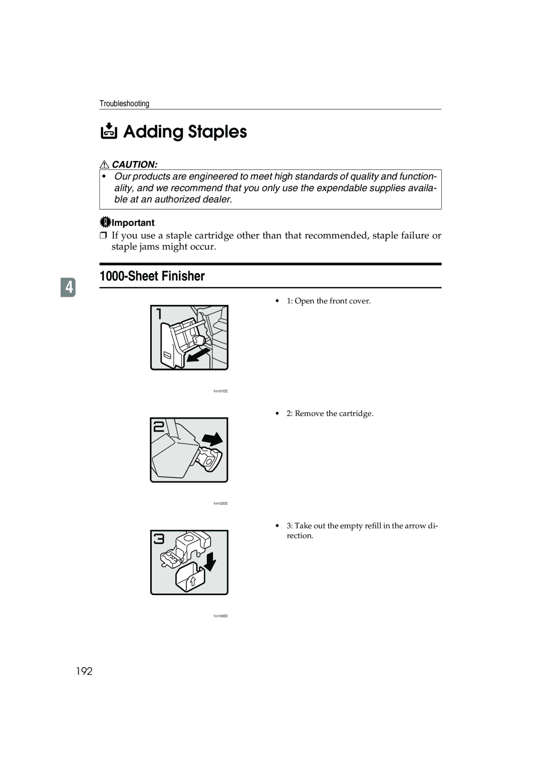 Ricoh 1045, 1035 operating instructions Adding Staples, Sheet Finisher, 192 