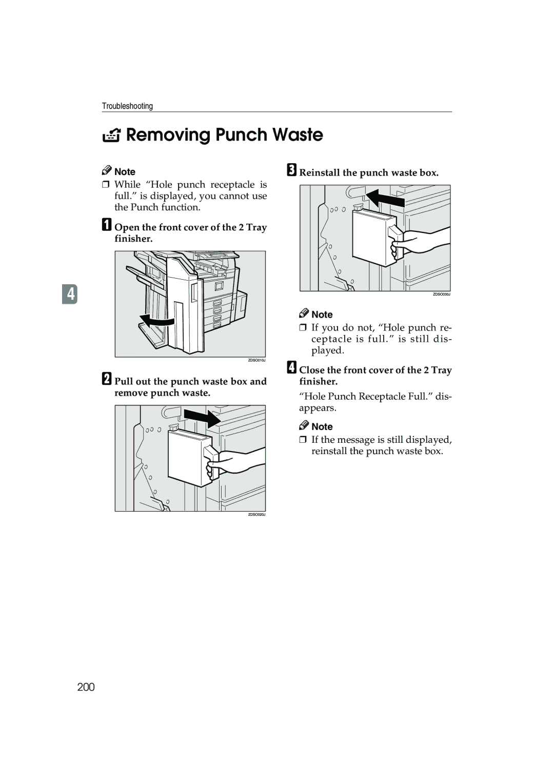 Ricoh 1045, 1035 operating instructions Removing Punch Waste, 200, Close the front cover of the 2 Tray finisher 