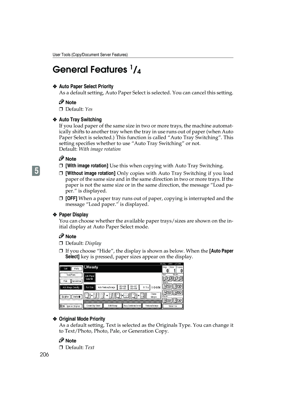 Ricoh 1045 General Features 1/4, Auto Paper Select Priority, Auto Tray Switching, Paper Display, Original Mode Priority 