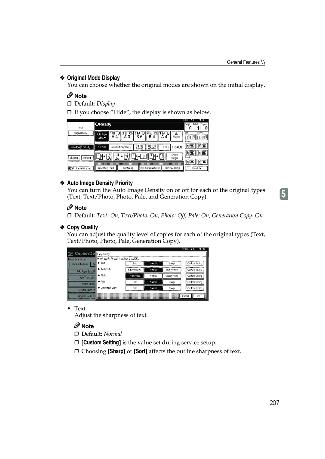 Ricoh 1035, 1045 operating instructions Original Mode Display, Auto Image Density Priority, Copy Quality, 207 