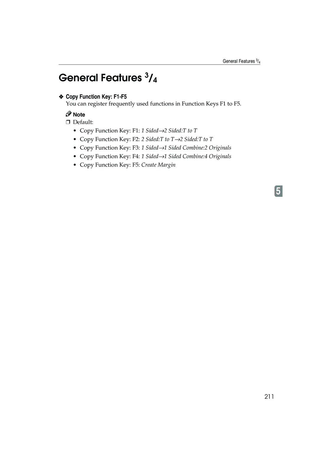 Ricoh 1035, 1045 operating instructions General Features 3/4, Copy Function Key F1-F5, 211 