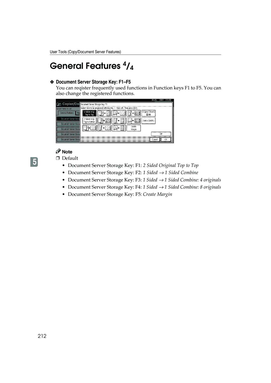 Ricoh 1045, 1035 operating instructions General Features 4/4, Document Server Storage Key F1-F5, 212 