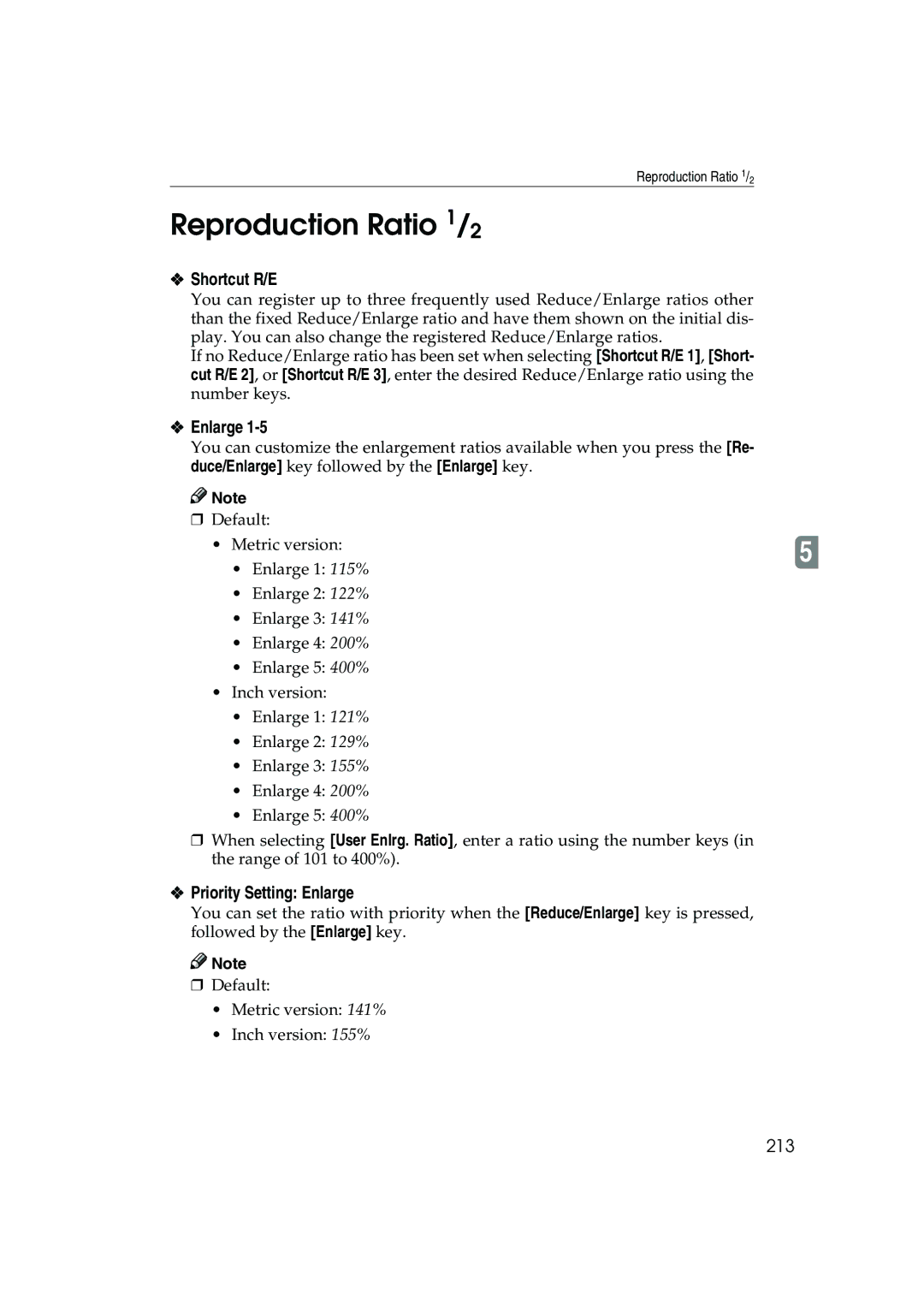 Ricoh 1035, 1045 operating instructions Reproduction Ratio 1/2, Shortcut R/E, Priority Setting Enlarge, 213 