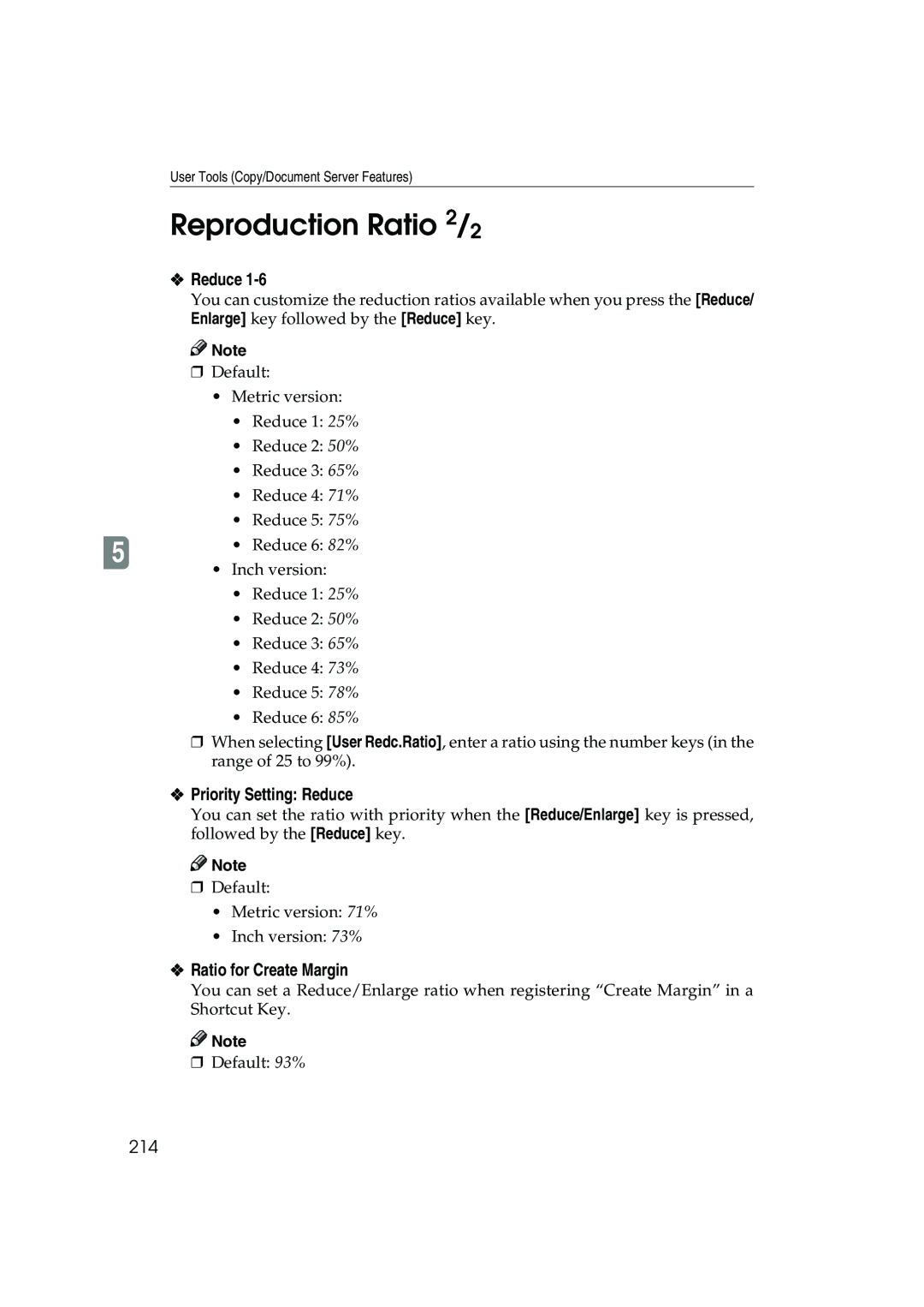 Ricoh 1045, 1035 operating instructions Reproduction Ratio 2/2, Priority Setting Reduce, Ratio for Create Margin, 214 