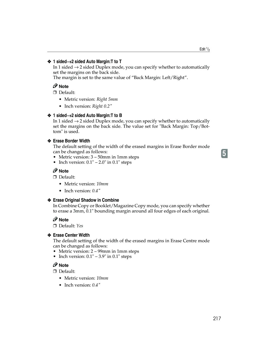 Ricoh 1035, 1045 Sided→2 sided Auto MarginT to T, Sided→2 sided Auto MarginT to B, Erase Border Width, Erase Center Width 