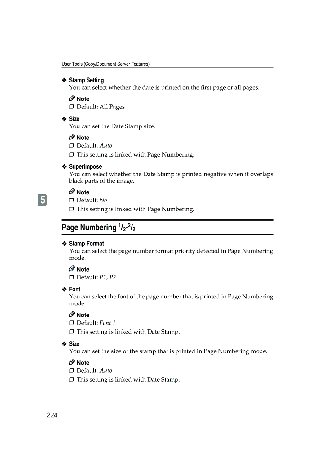 Ricoh 1045, 1035 operating instructions Numbering 1/2-2/2, Stamp Setting, Superimpose, 224 