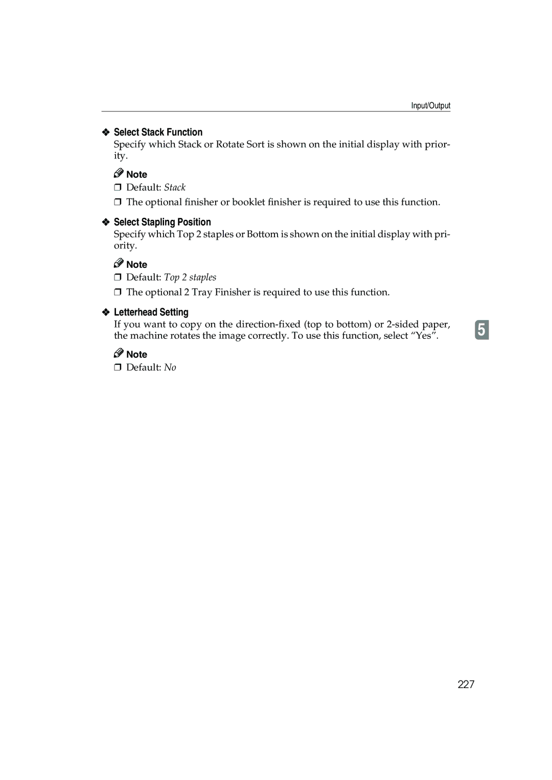 Ricoh 1035, 1045 operating instructions Select Stack Function, Select Stapling Position, Letterhead Setting, 227 