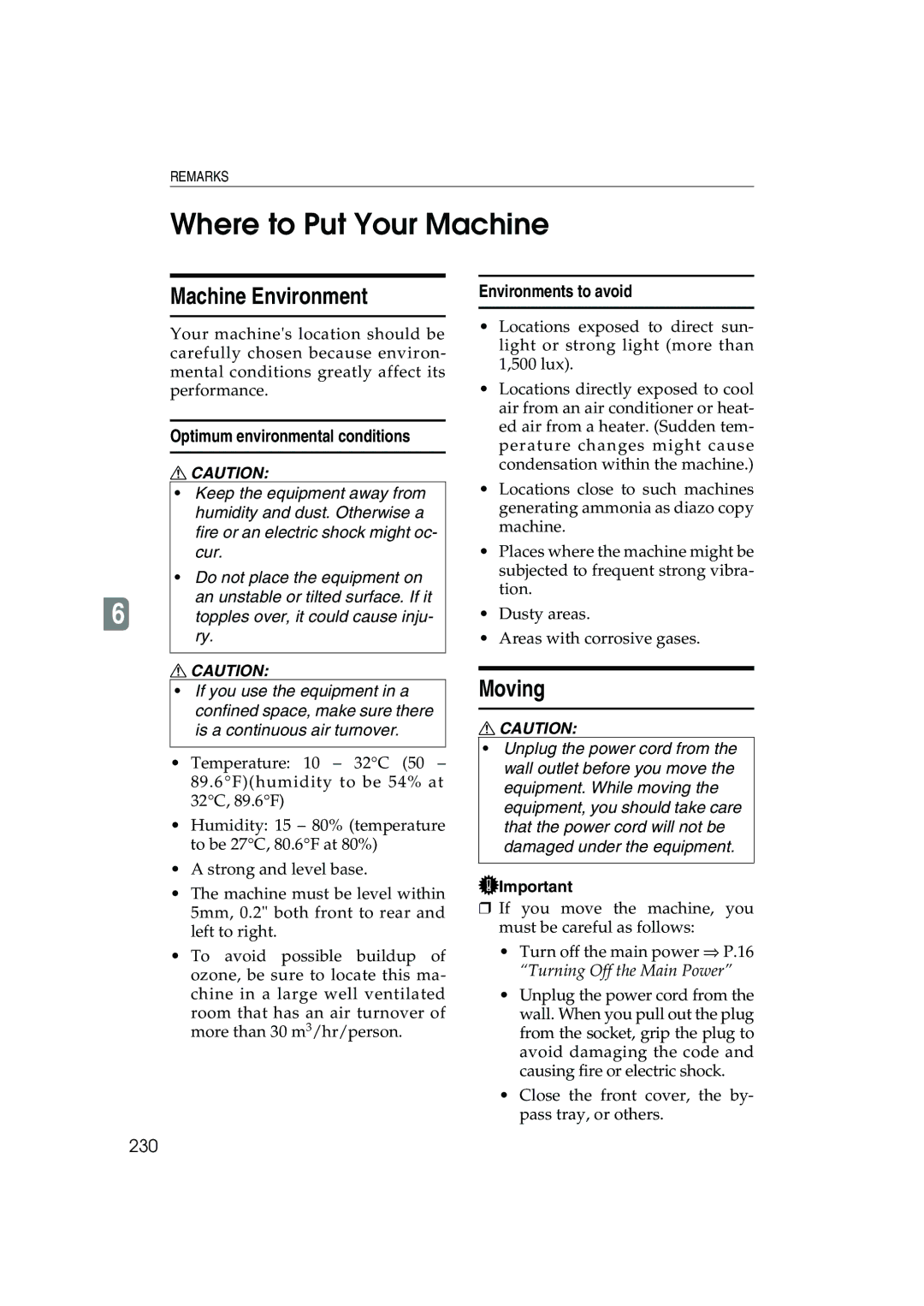 Ricoh 1045 Where to Put Your Machine, Machine Environment, Moving, Optimum environmental conditions, Environments to avoid 