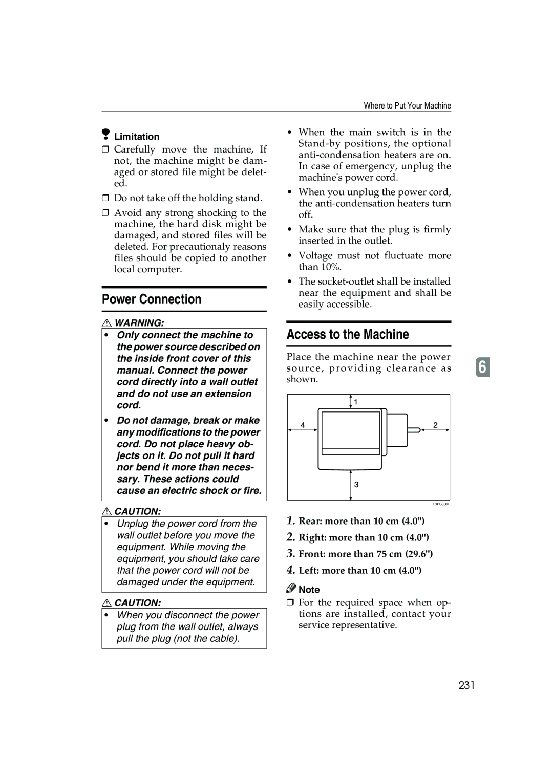 Ricoh 1035, 1045 operating instructions Power Connection, Access to the Machine, 231 