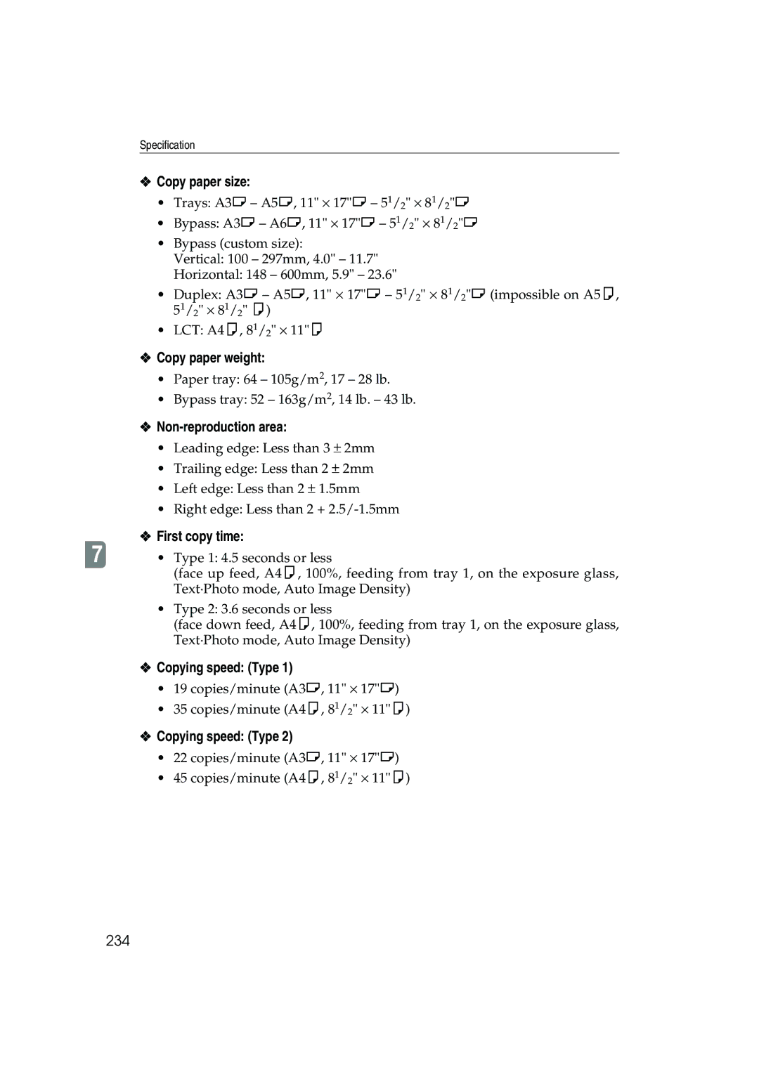 Ricoh 1045, 1035 Copy paper size, Copy paper weight, Non-reproduction area, First copy time, Copying speed Type 