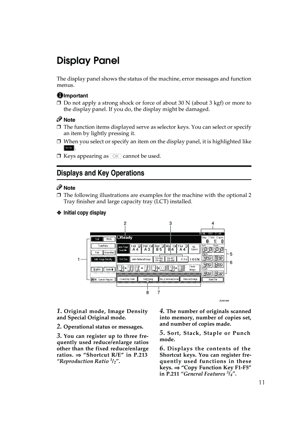 Ricoh 1035, 1045 operating instructions Display Panel, Displays and Key Operations, Initial copy display 