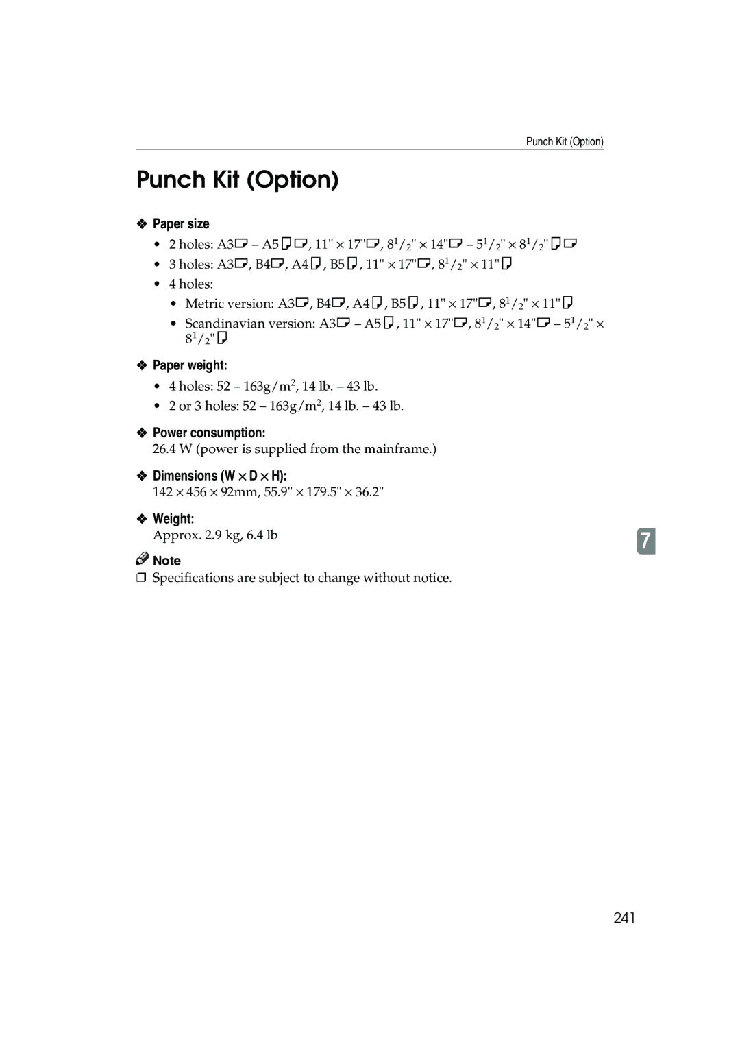 Ricoh 1035, 1045 operating instructions Punch Kit Option, 241 