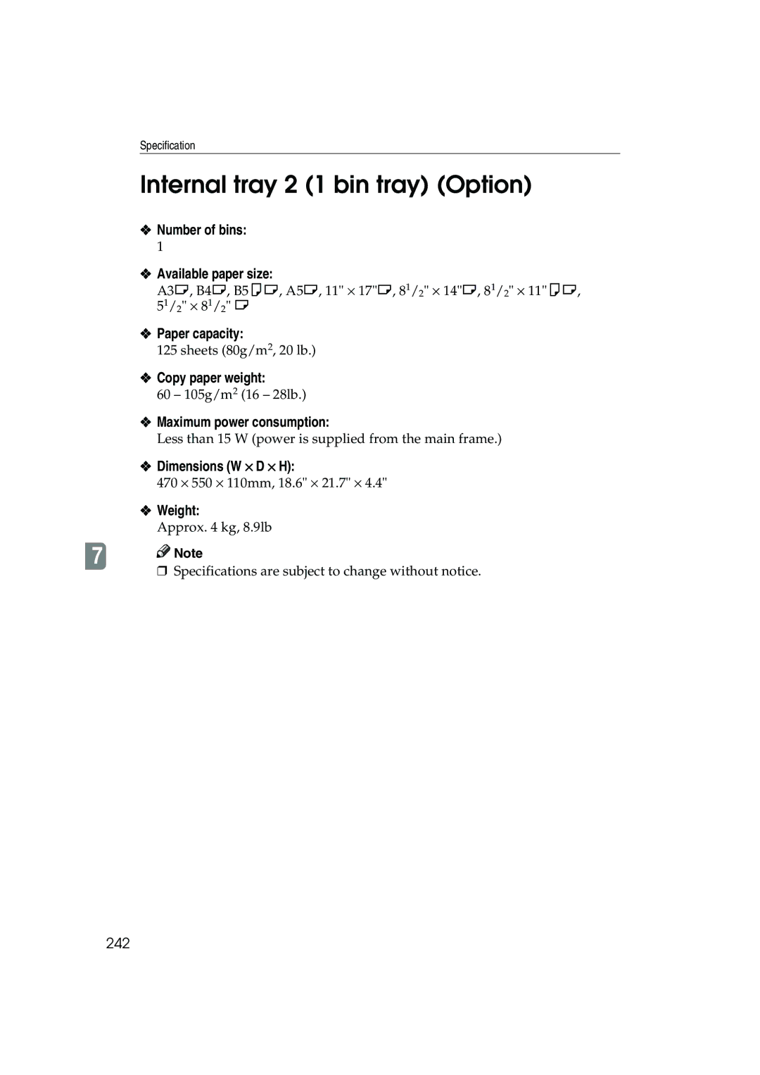 Ricoh 1045, 1035 Internal tray 2 1 bin tray Option, Number of bins Available paper size, Paper capacity, 242 