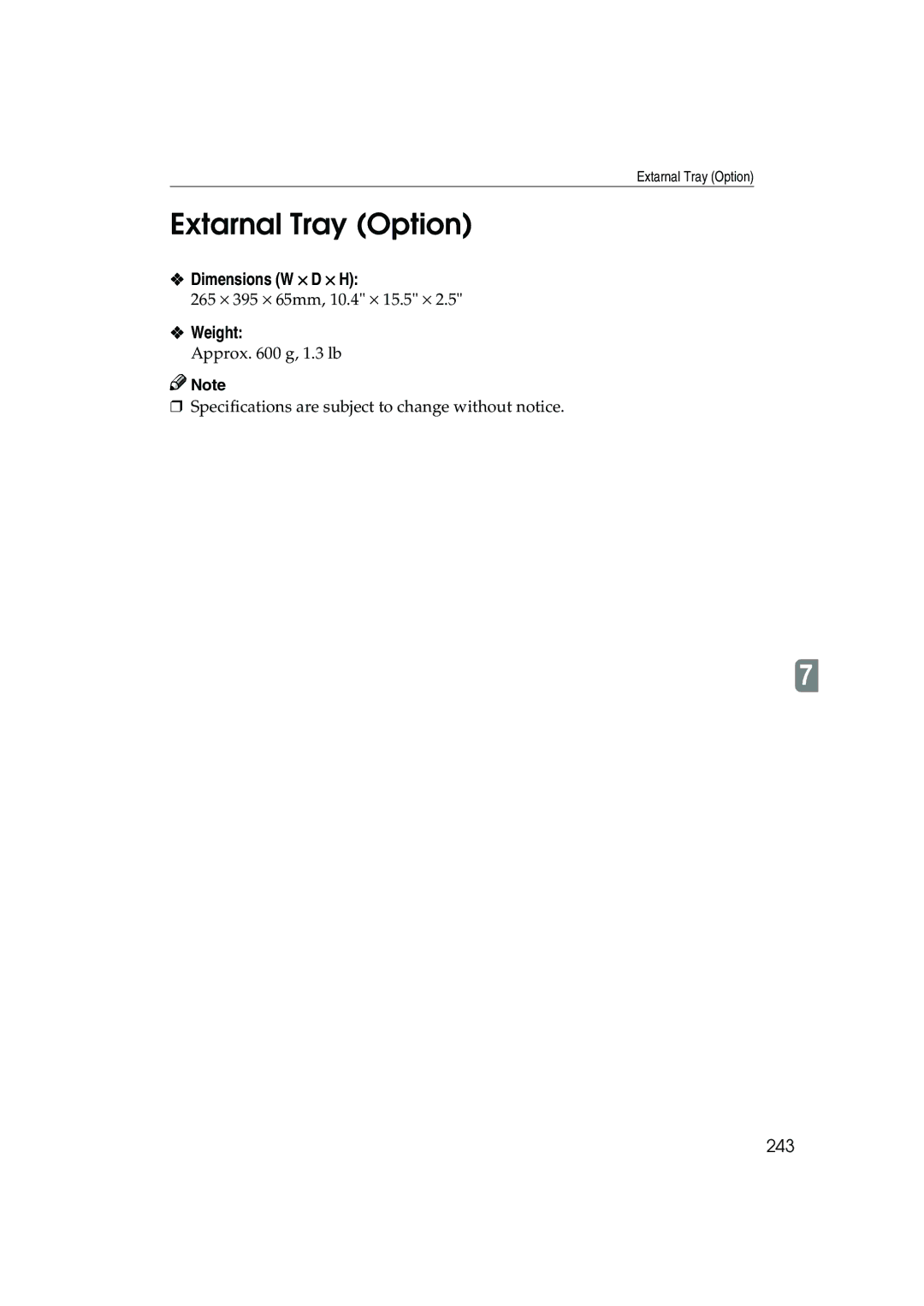 Ricoh 1035, 1045 operating instructions Extarnal Tray Option, 243 