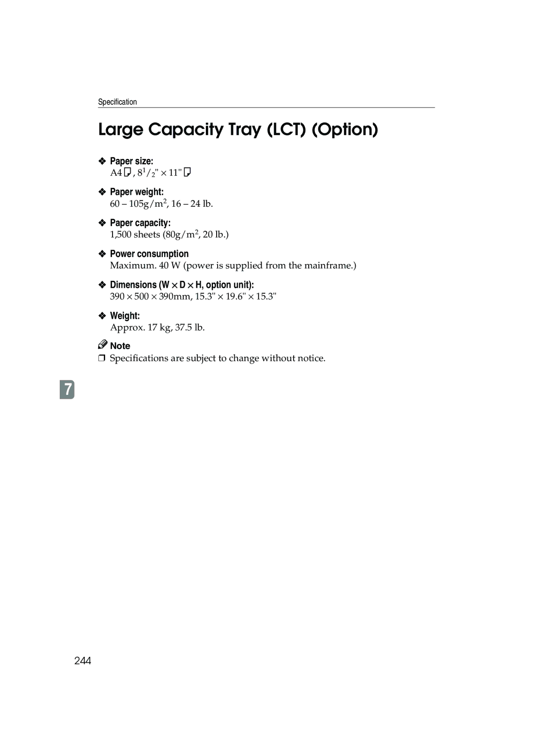 Ricoh 1045, 1035 operating instructions Large Capacity Tray LCT Option, Dimensions W ⋅ D ⋅ H, option unit, 244 